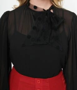 Unique Vintage Black Flocked Dot Neck Bow Blouse