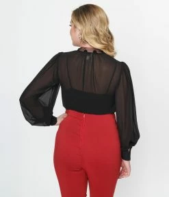 Unique Vintage Black Flocked Dot Neck Bow Blouse