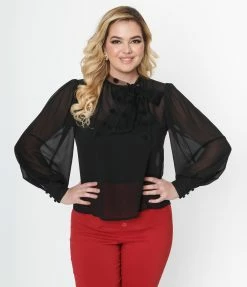 Unique Vintage Black Flocked Dot Neck Bow Blouse