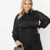 Clothing Unique Vintage Plus Size Black Satin & Clip Dot Sleeve Blouse