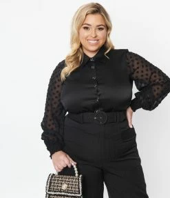Clothing Unique Vintage Plus Size Black Satin & Clip Dot Sleeve Blouse