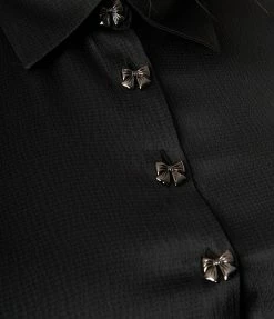 Clothing Unique Vintage Plus Size Black Satin & Clip Dot Sleeve Blouse