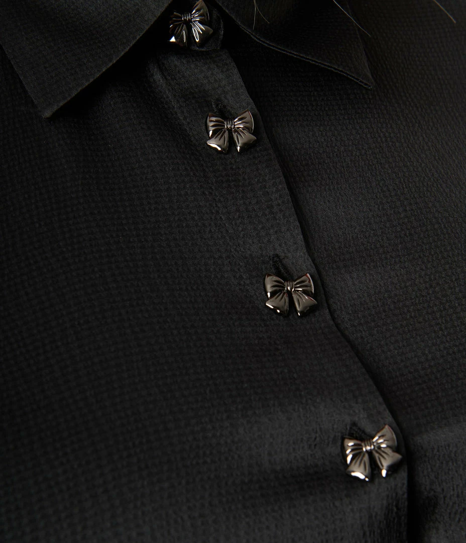 Clothing Unique Vintage Plus Size Black Satin & Clip Dot Sleeve Blouse