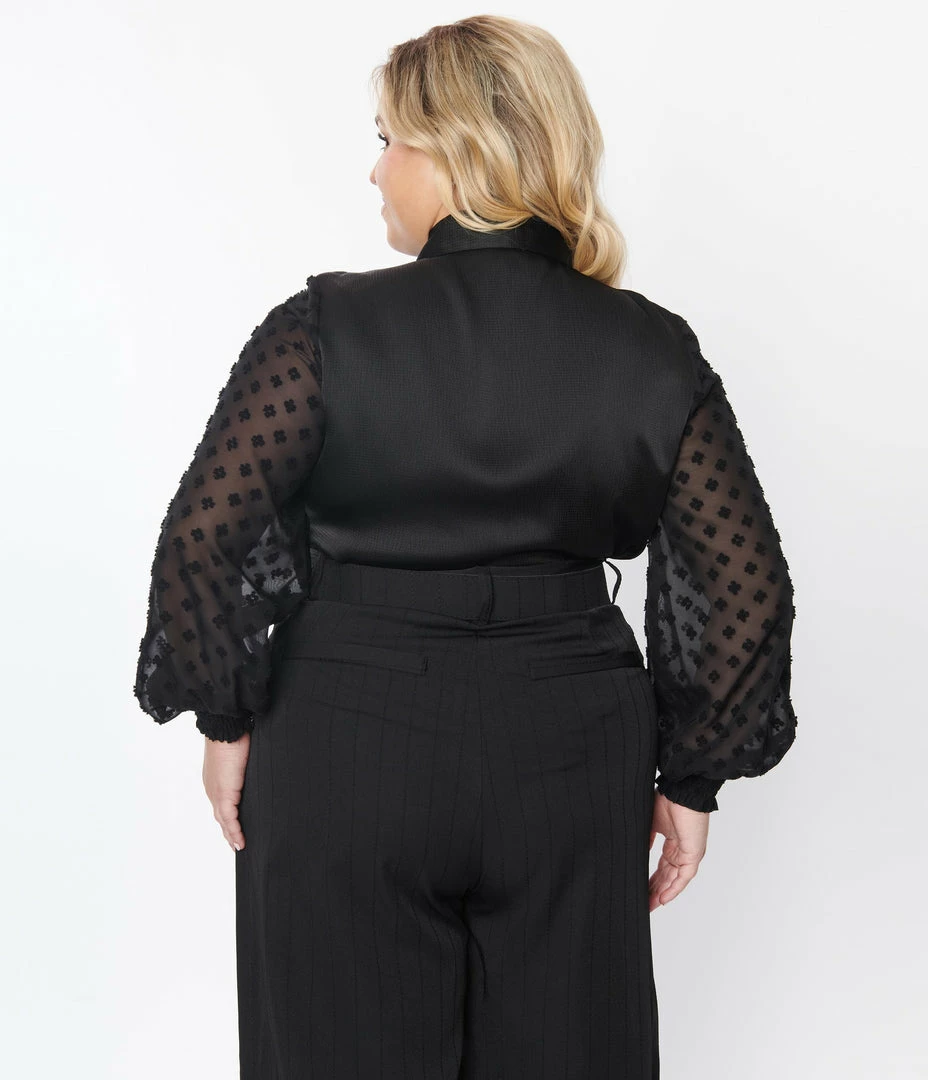 Clothing Unique Vintage Plus Size Black Satin & Clip Dot Sleeve Blouse