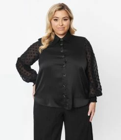 Clothing Unique Vintage Plus Size Black Satin & Clip Dot Sleeve Blouse