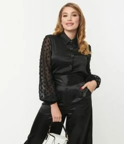Unique Vintage Black Satin & Clip Dot Sleeve Blouse