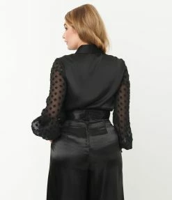 Unique Vintage Black Satin & Clip Dot Sleeve Blouse