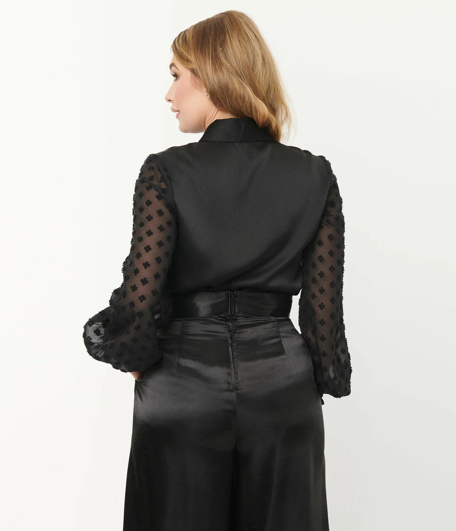 Unique Vintage Black Satin & Clip Dot Sleeve Blouse