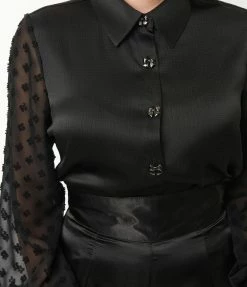 Unique Vintage Black Satin & Clip Dot Sleeve Blouse