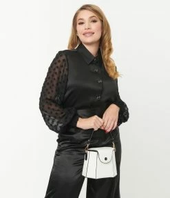 Unique Vintage Black Satin & Clip Dot Sleeve Blouse