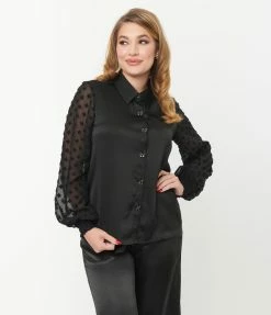 Unique Vintage Black Satin & Clip Dot Sleeve Blouse