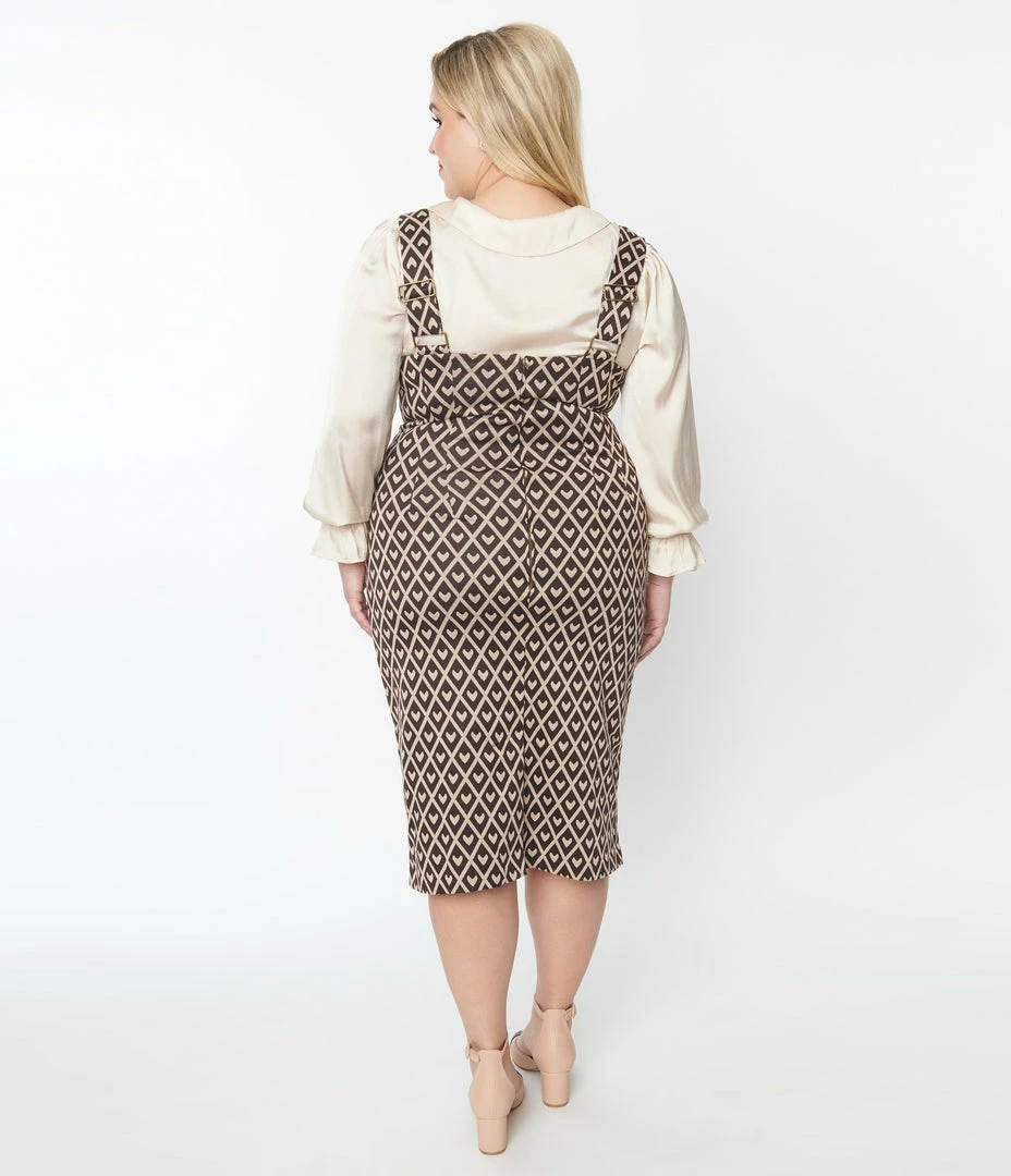 New Arrivals! Unique Vintage Plus Size Brown Argyle Hearts Fontaine Suspender Pencil Skirt