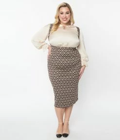 New Arrivals! Unique Vintage Plus Size Brown Argyle Hearts Fontaine Suspender Pencil Skirt