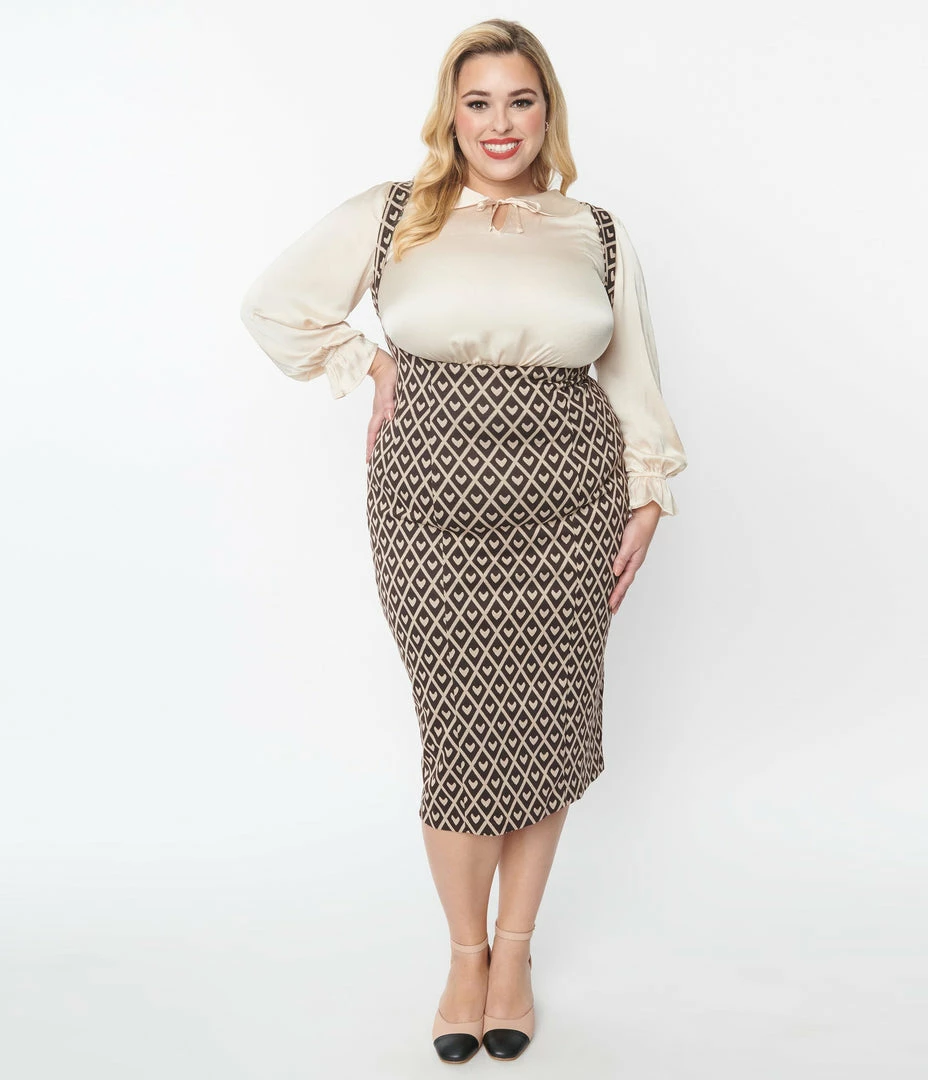 New Arrivals! Unique Vintage Plus Size Brown Argyle Hearts Fontaine Suspender Pencil Skirt