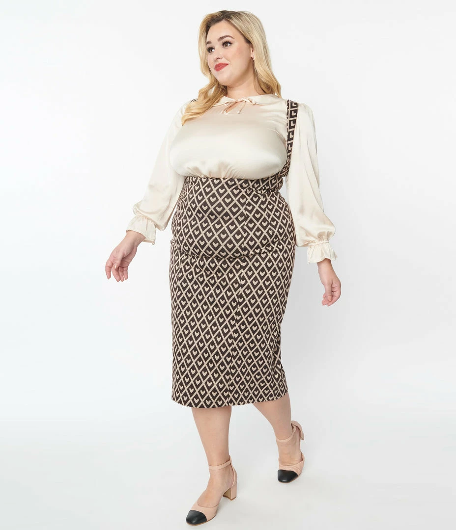 New Arrivals! Unique Vintage Plus Size Brown Argyle Hearts Fontaine Suspender Pencil Skirt