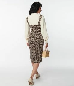 Unique Vintage Brown Argyle Hearts Fontaine Suspender Pencil Skirt New Arrivals!