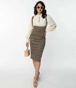 Unique Vintage Brown Argyle Hearts Fontaine Suspender Pencil Skirt New Arrivals!