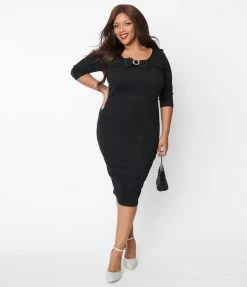 Trending Unique Vintage Plus Size Black Belted Wiggle Dress