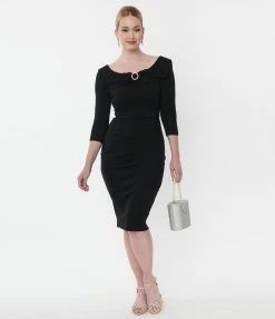 Unique Vintage Black Belted Wiggle Dress