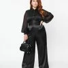 Unique Vintage Plus Size Black Satin High Waist Pants