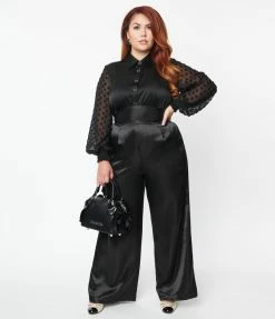 Unique Vintage Plus Size Black Satin High Waist Pants