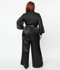 Unique Vintage Plus Size Black Satin High Waist Pants