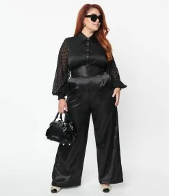 Unique Vintage Plus Size Black Satin High Waist Pants