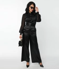 New Arrivals! Unique Vintage Black Satin High Waist Pants