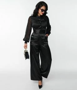 New Arrivals! Unique Vintage Black Satin High Waist Pants