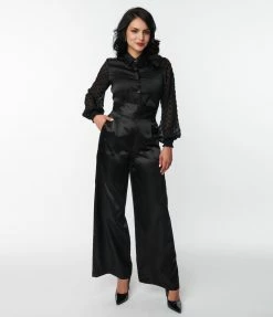 New Arrivals! Unique Vintage Black Satin High Waist Pants