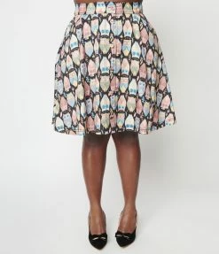 Unique Vintage Plus Size Multicolor Owl Hoot Print Swing Skirt
