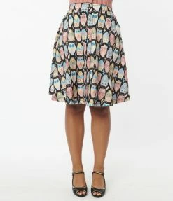Unique Vintage Multicolor Owl Hoot Print Swing Skirt Clothing
