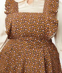 Unique Vintage Plus Size Brown & Orange Floral Corduroy Ruffle Pinafore