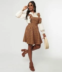 Unique Vintage Brown & Orange Floral Corduroy Ruffle Pinafore