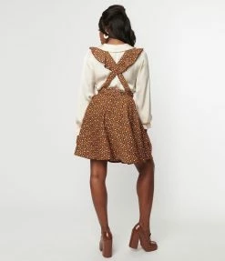 Unique Vintage Brown & Orange Floral Corduroy Ruffle Pinafore