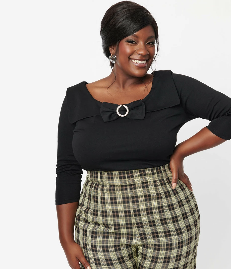 Unique Vintage Plus Size Black Wide Collar & Bow Top New Arrivals!