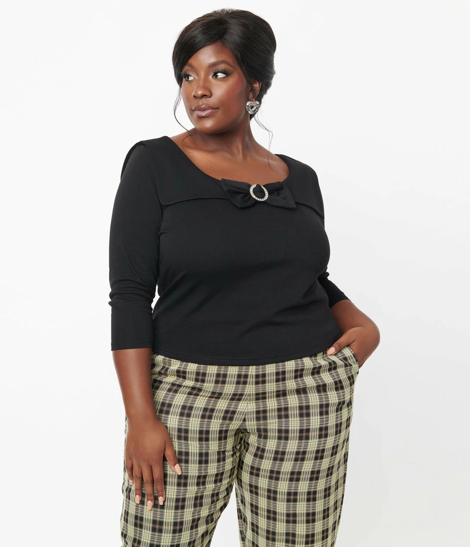 Unique Vintage Plus Size Black Wide Collar & Bow Top New Arrivals!