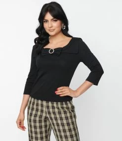 Unique Vintage Black Wide Collar & Bow Top