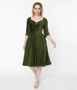 Unique Vintage Green Velvet Lamar Swing Dress