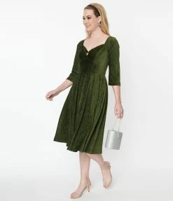 Unique Vintage Green Velvet Lamar Swing Dress