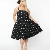New Arrivals! Unique Vintage Plus Size Black & Ivory Flocked Polka Dot Pinafore Swing Dress