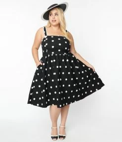 New Arrivals! Unique Vintage Plus Size Black & Ivory Flocked Polka Dot Pinafore Swing Dress