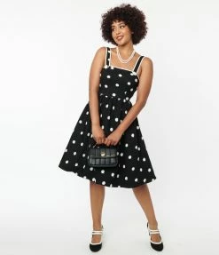 Unique Vintage Black & Ivory Flocked Polka Dot Pinafore Swing Dress