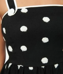 Unique Vintage Black & Ivory Flocked Polka Dot Pinafore Swing Dress