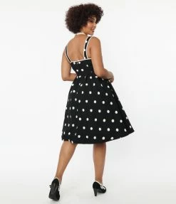 Unique Vintage Black & Ivory Flocked Polka Dot Pinafore Swing Dress