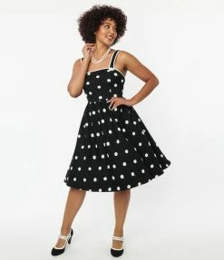Unique Vintage Black & Ivory Flocked Polka Dot Pinafore Swing Dress