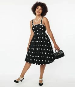 Unique Vintage Black & Ivory Flocked Polka Dot Pinafore Swing Dress