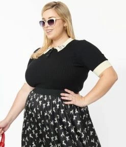 Unique Vintage Plus Size Black & Poodle Collar Prim & Pretty Sweater