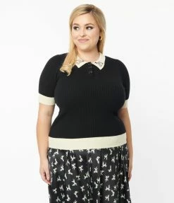 Unique Vintage Plus Size Black & Poodle Collar Prim & Pretty Sweater