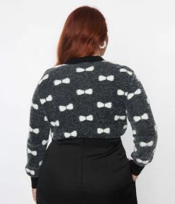 New Arrivals! Unique Vintage Plus Size Black & Ivory Bow Fuzzy Sweater